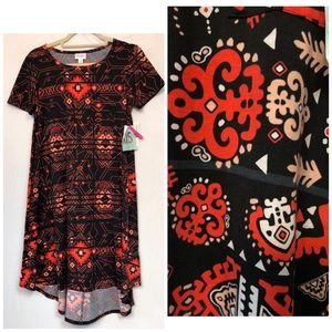 LuLaRoe Carly Dress XXS Black Red Geometric Print High-Low Hem NWT